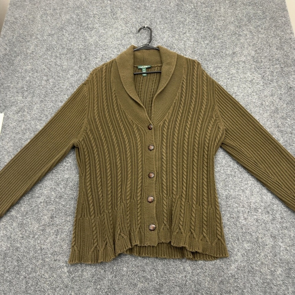 Lauren Ralph Lauren Sweater Cardigan Womens XL Green Cotton Cable Shawl Neck